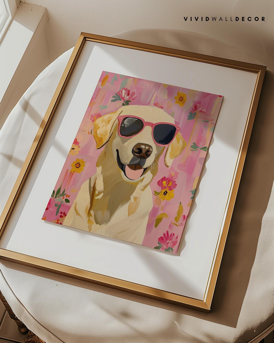 Smiling Golden Labrador in Pink Sunglasses Floral Portrait Poster - Image 3
