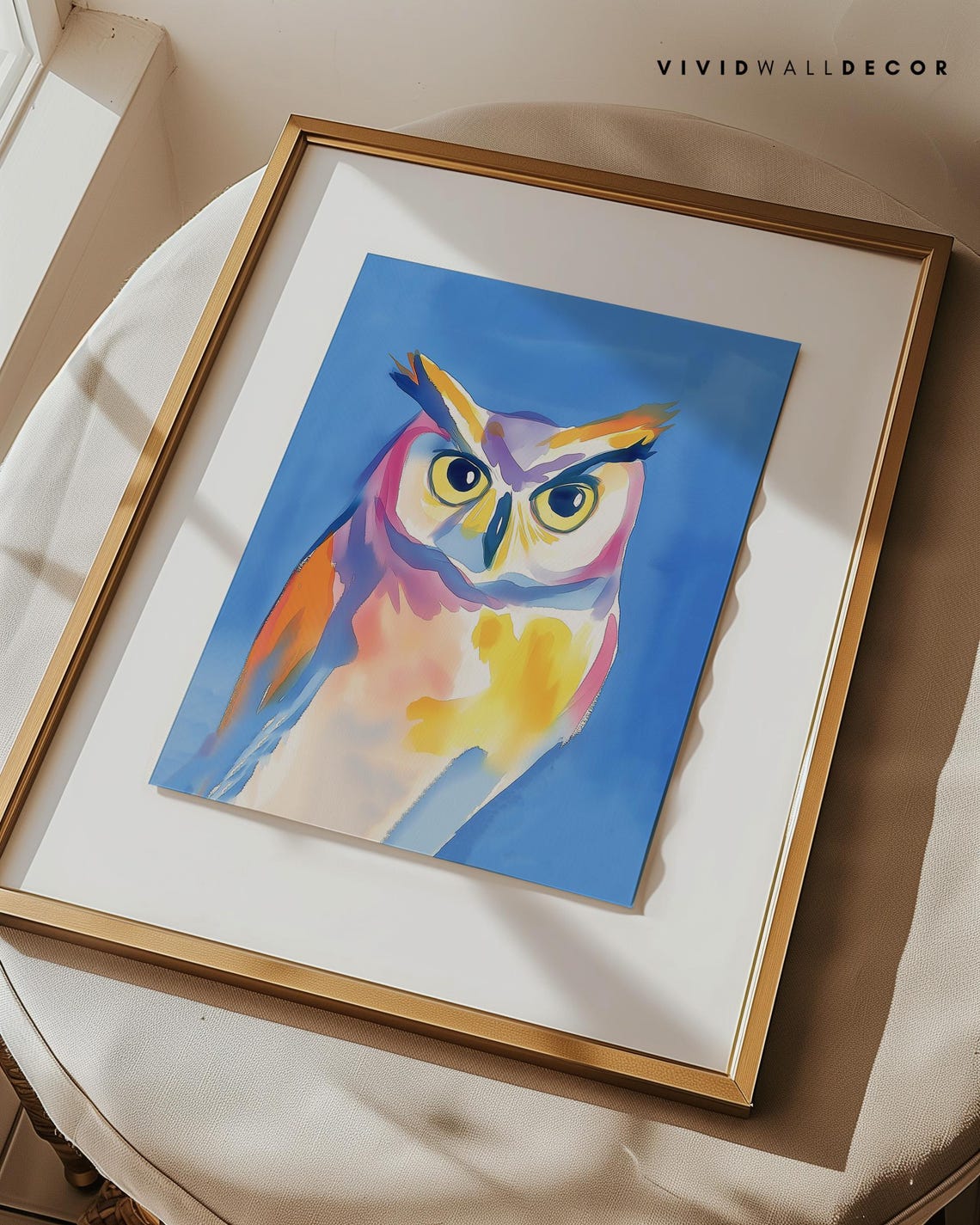 Colorful Owl Watercolor Art Poster on Bold Blue Background Wall Decor - Image 3