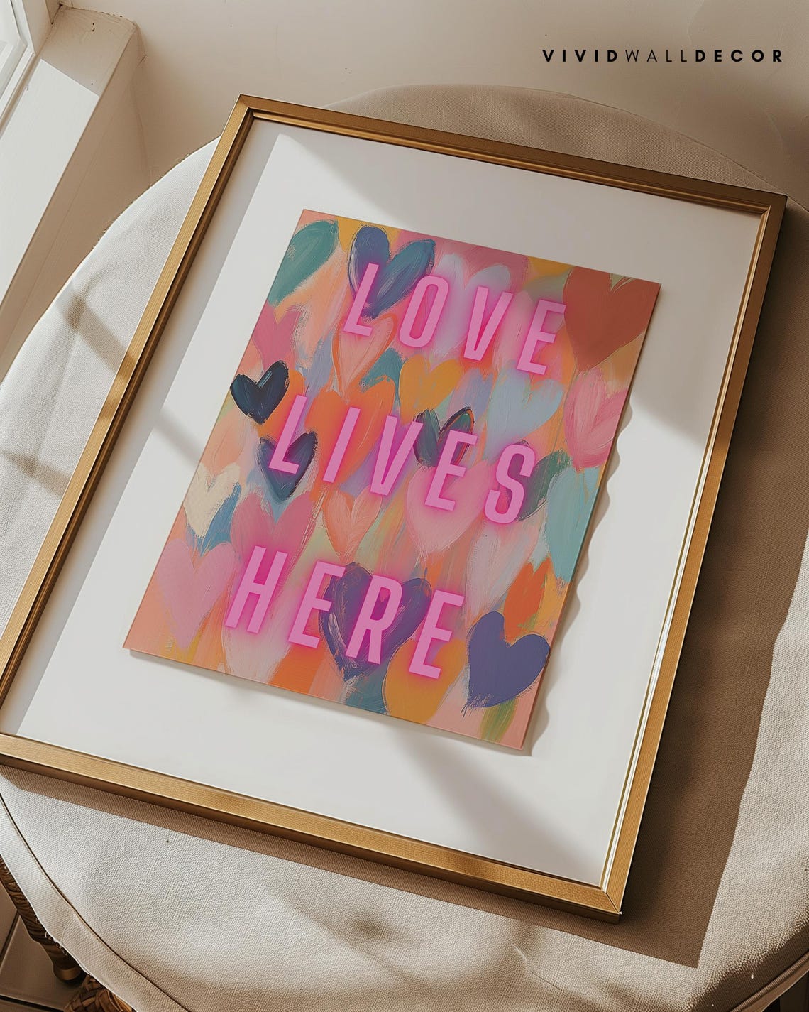 Love Lives Here in Glowing Pink Neon Over Painted Hearts Poster - Image 3