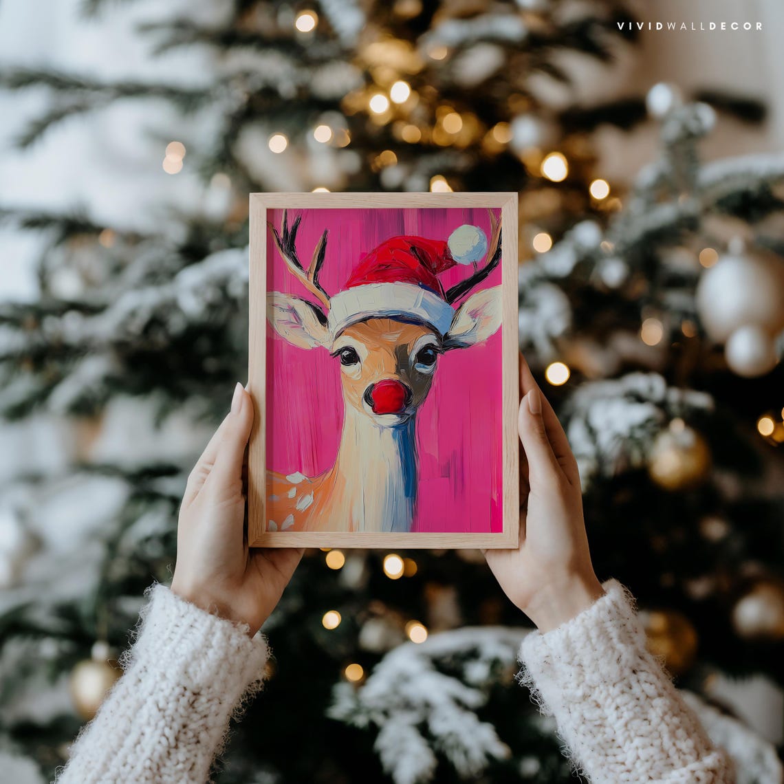Red Nose Reindeer Wearing Santa Hat on Bold Pink Holiday Poster - Image 3