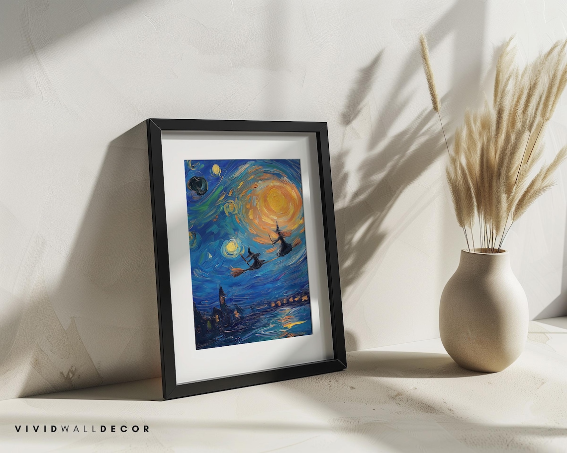 Witches Flying in Starry Night Art Poster Van Gogh Style Halloween Decor - Image 2