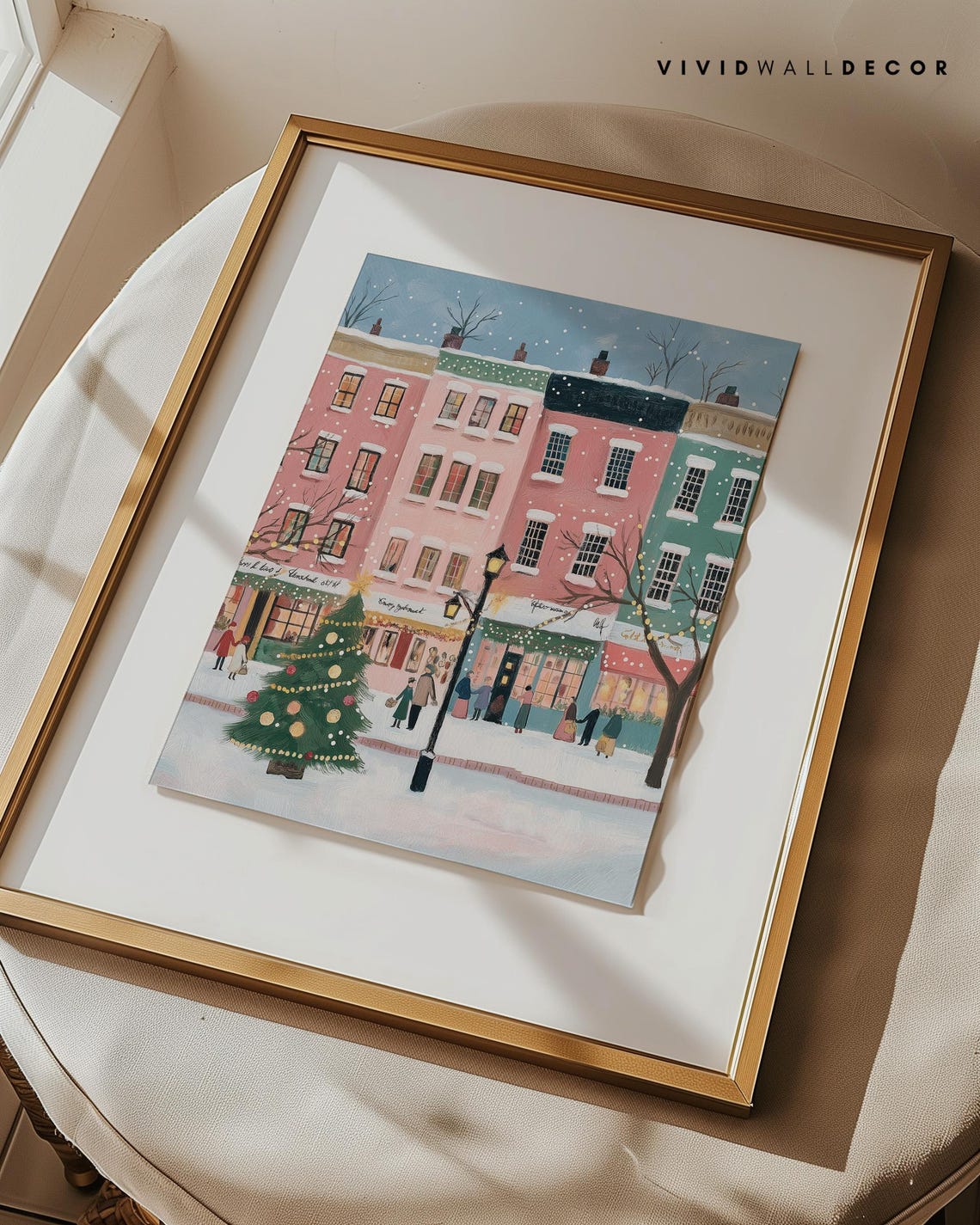 Snowy Christmas Street With Pink Buildings And Decorated Tree Poster - Image 2