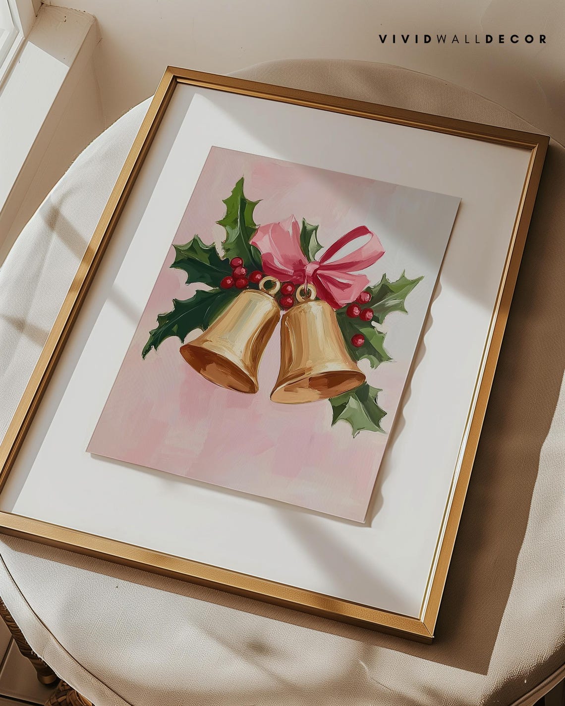 Golden Christmas Bells With Pink Bow And Holly Leaves Poster - Image 3