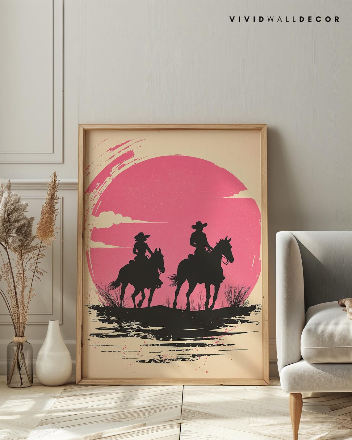 Cowboy Horseback Riders Pink Sunset Silhouette Western Poster - Image 3