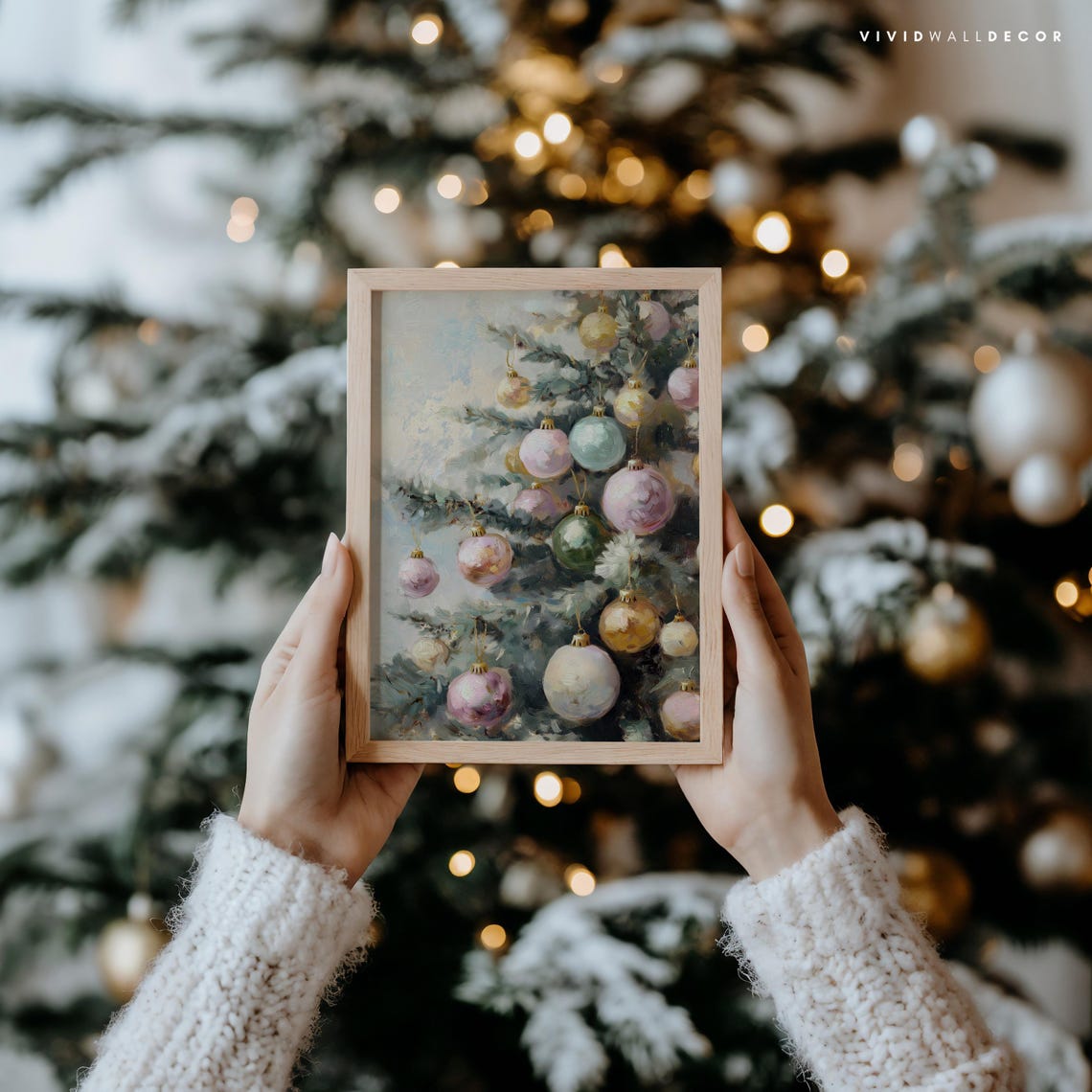 Pastel Christmas Baubles On Frosted Pine Branches Art Poster - Image 2