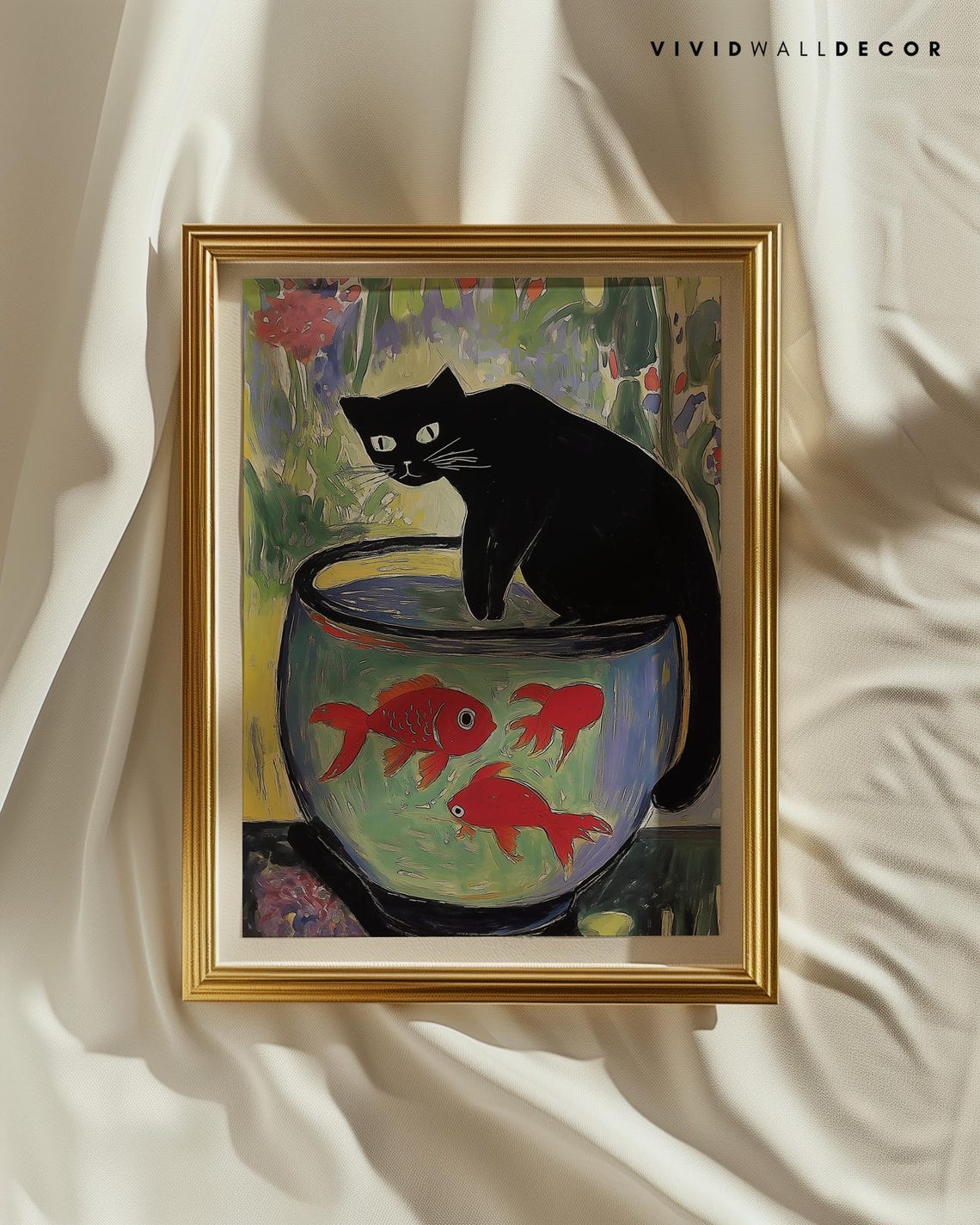 Black Cat Eyeing Red Goldfish Bowl Playful Colorful Art Poster - Image 2