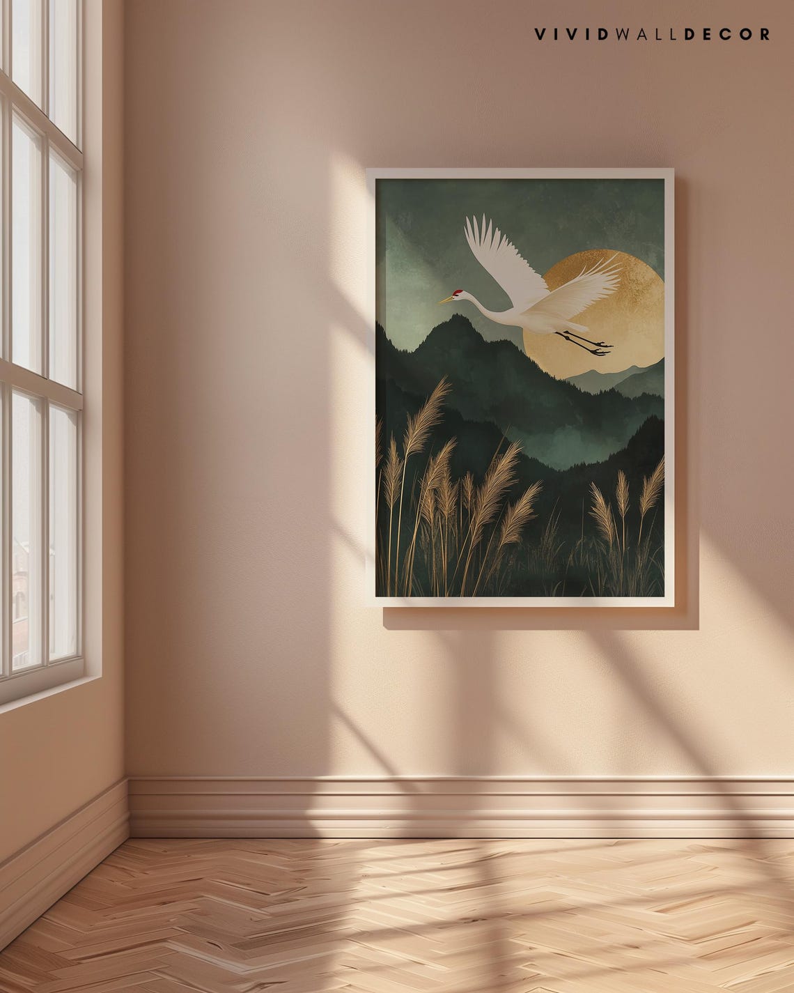 Crane Flying Under a Golden Moon Over Misty Mountains Wall Poster - Image 4
