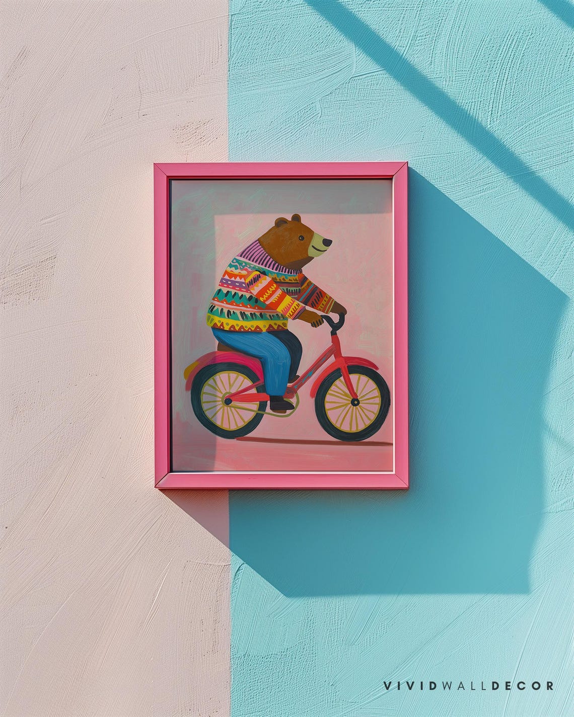 Bear in Colorful Sweater Riding Red Bicycle Fun Kids Art Poster - Image 2