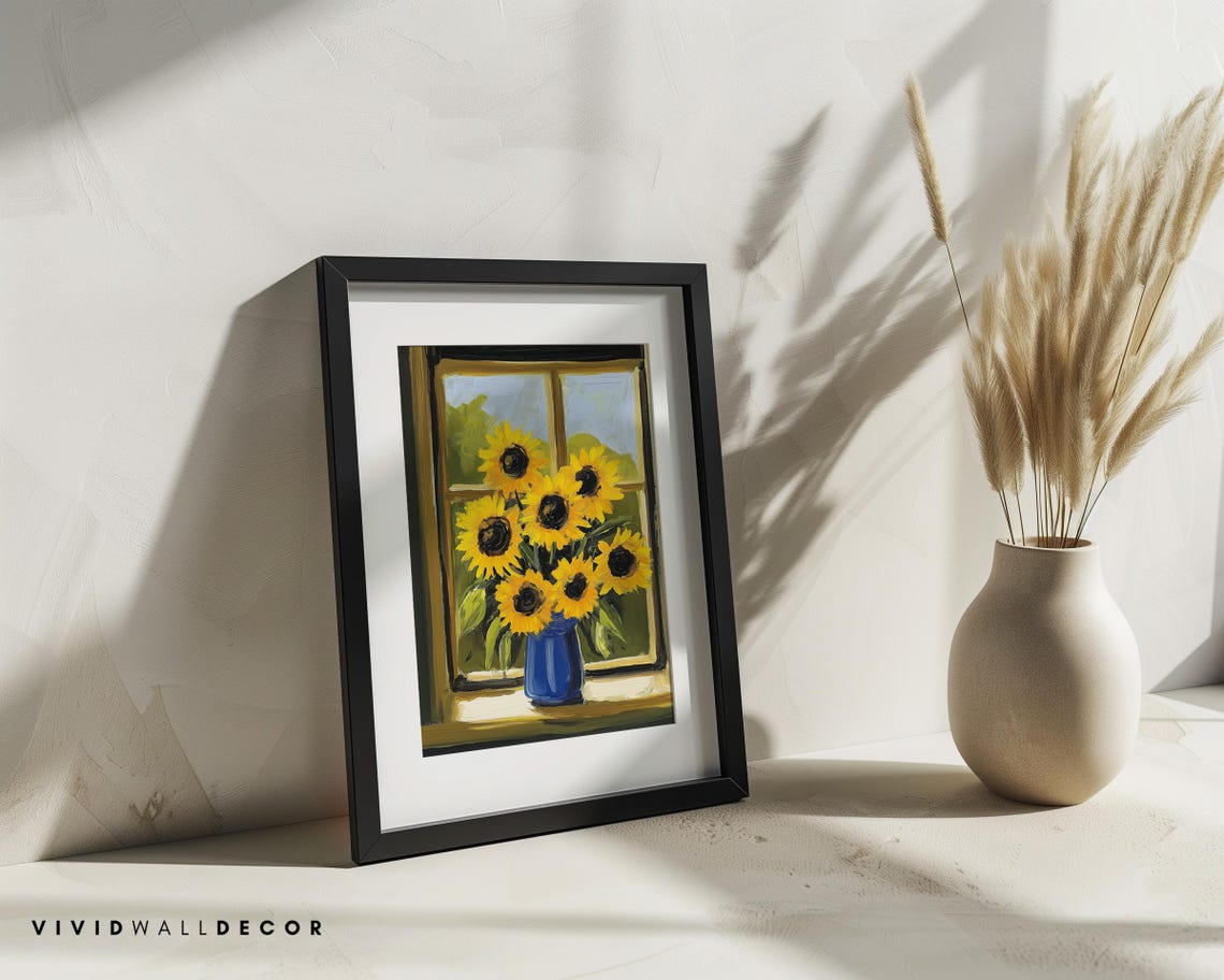 Sunflowers in Blue Vase by Dark Window Bold Floral Art Poster - Image 2