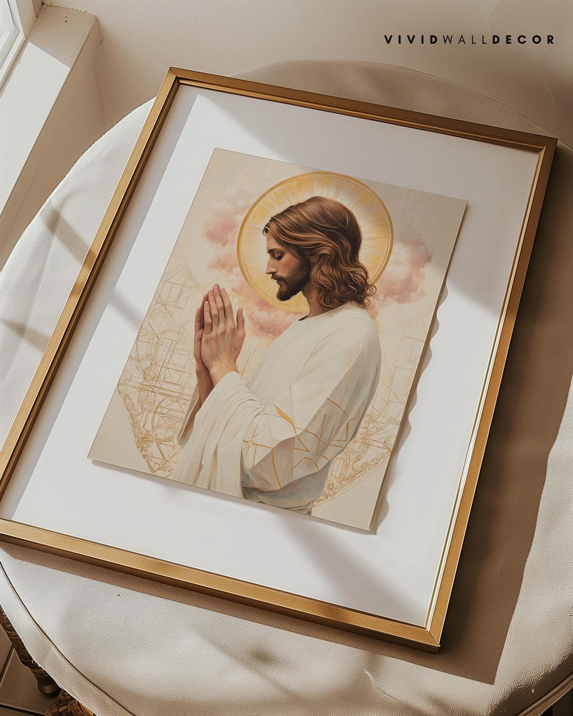 Jesus in Prayer With Halo Hands Folded Devotional Art Poster - Image 2