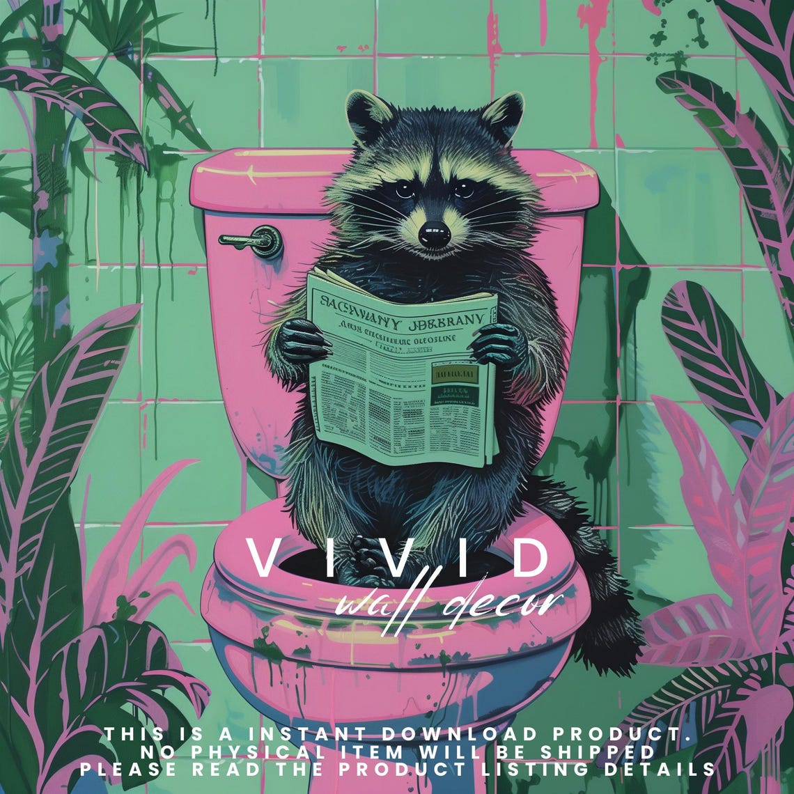 Funny Raccoon Reading Newspaper On Pink Toilet Bathroom Poster - Image 2