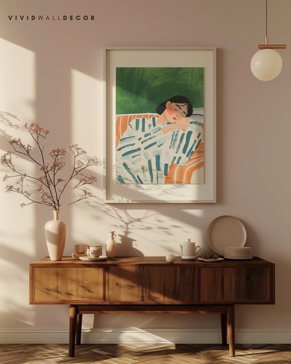 Woman Resting on Striped Sofa Green Minimalist Portrait Poster - Image 4