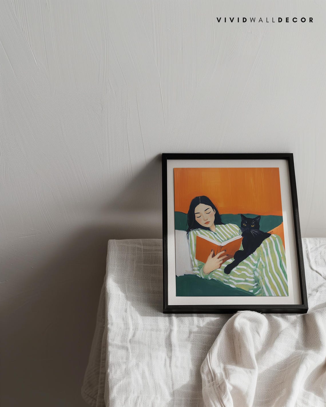 Woman Reading In Bed With Black Cat Cozy Book Lover Art Poster - Image 3