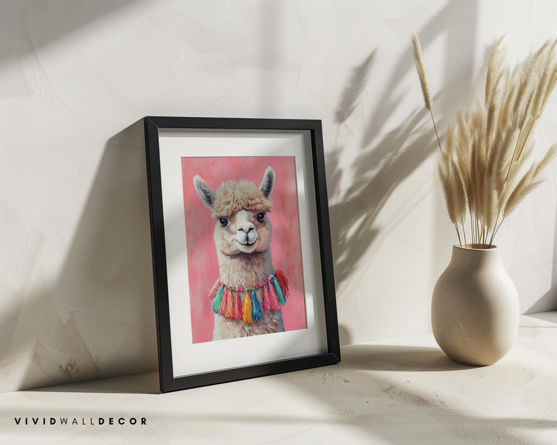 Smiling Alpaca with Colorful Tassel Necklace Boho Animal Poster - Image 2