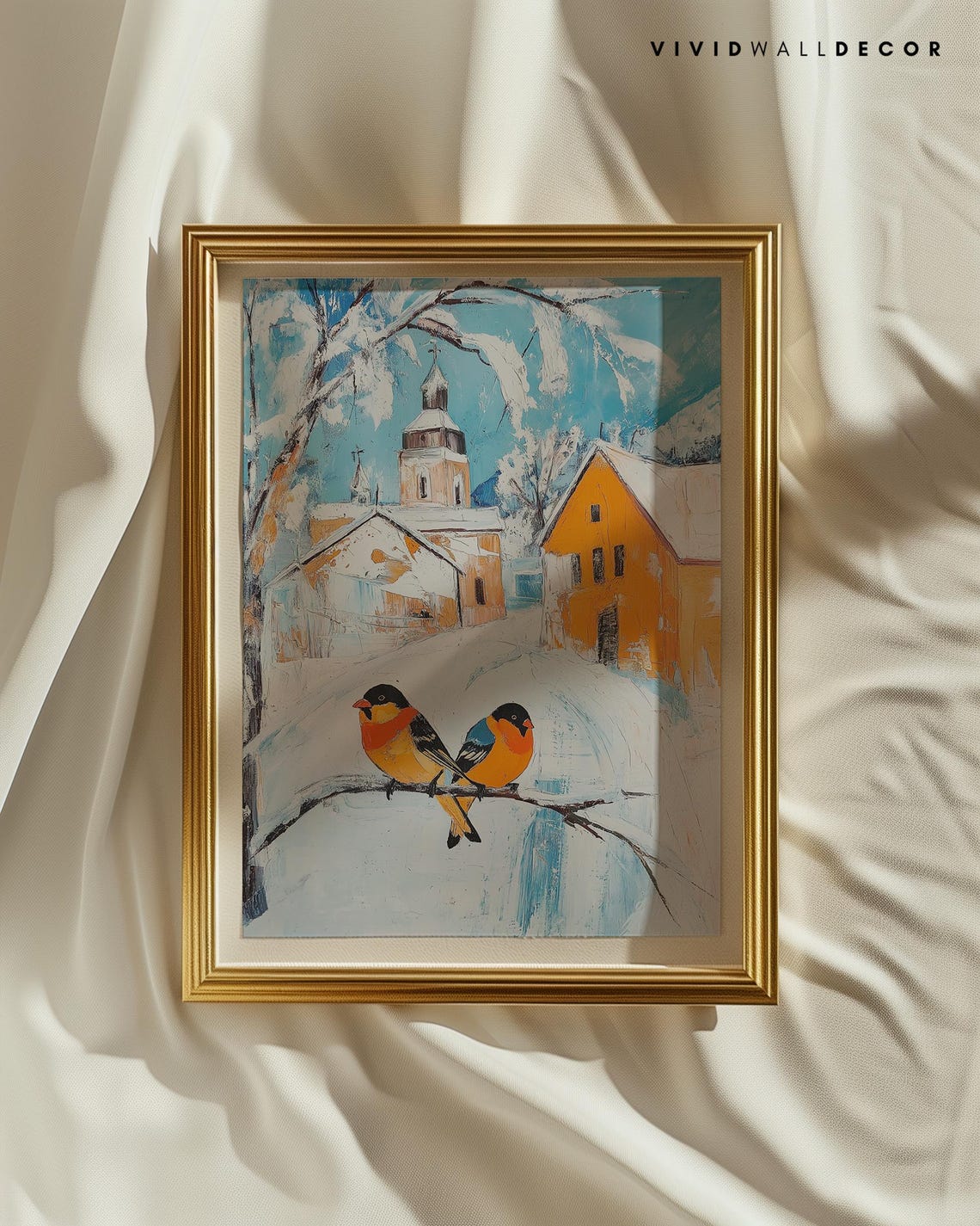 Two Finches On A Snowy Branch By A Village Church Art Poster - Image 2