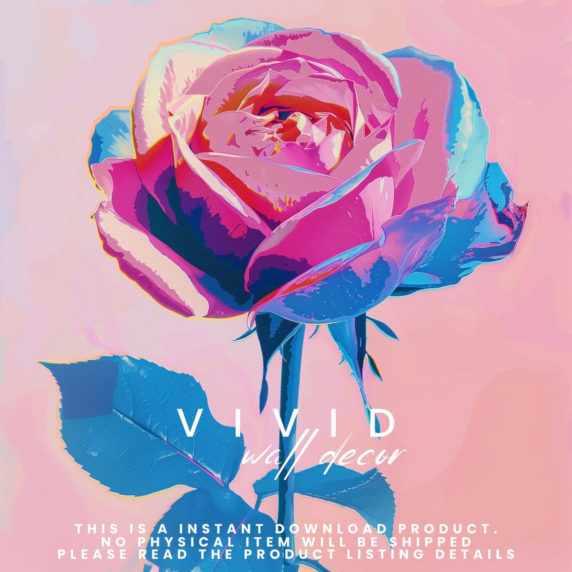 Bold Neon Pink Rose With Electric Blue Leaves Pop Art Botanical Poster - Image 2