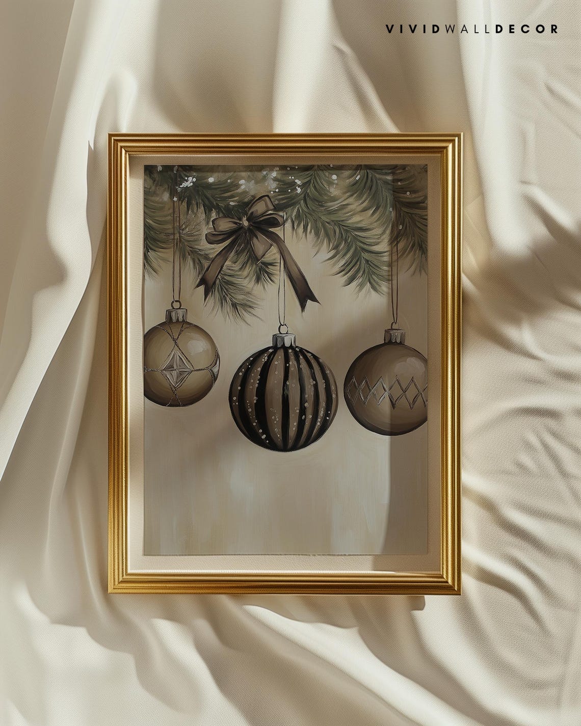 Neutral Beige Baubles Hanging From Pine Bough Holiday Poster - Image 2