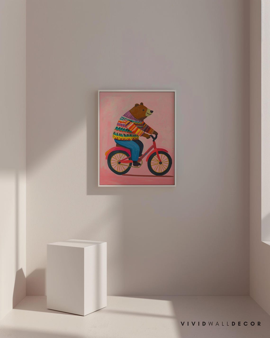 Bear in Colorful Sweater Riding Red Bicycle Fun Kids Art Poster - Image 4