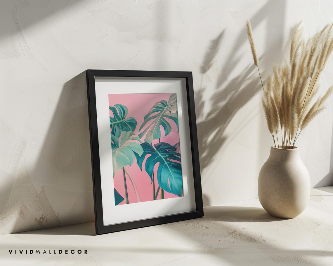 Monstera Leaves on Pink Background Art Poster Tropical Botanical Decor - Image 2