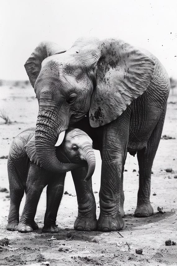 Mom Baby Elephant Cute Animal Wall Art Nursery Room Bedroom Prints Cute Vintage Style Animal Photo Mommy And Me Ai Art