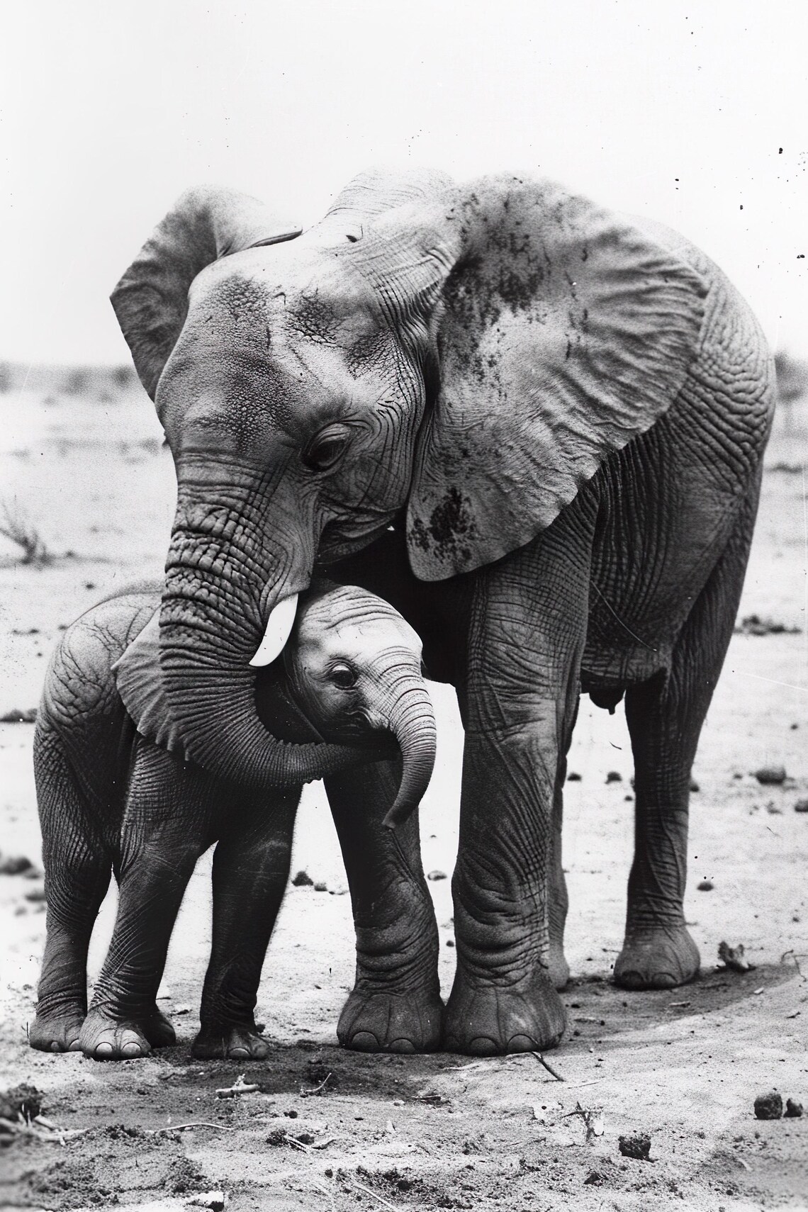 Mother Elephant Calf Embrace Black White Sweet Nursery Wall Art