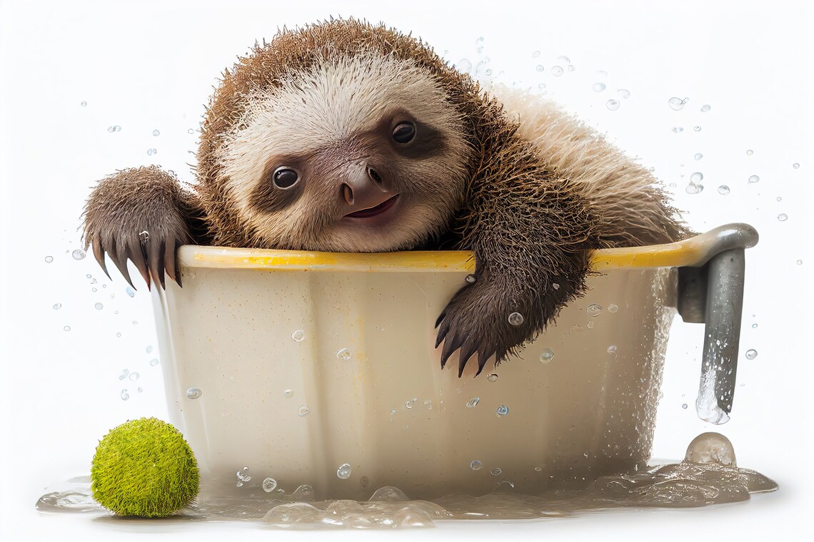Cute Baby Sloth In The Bathtub Bathroom Wall Print