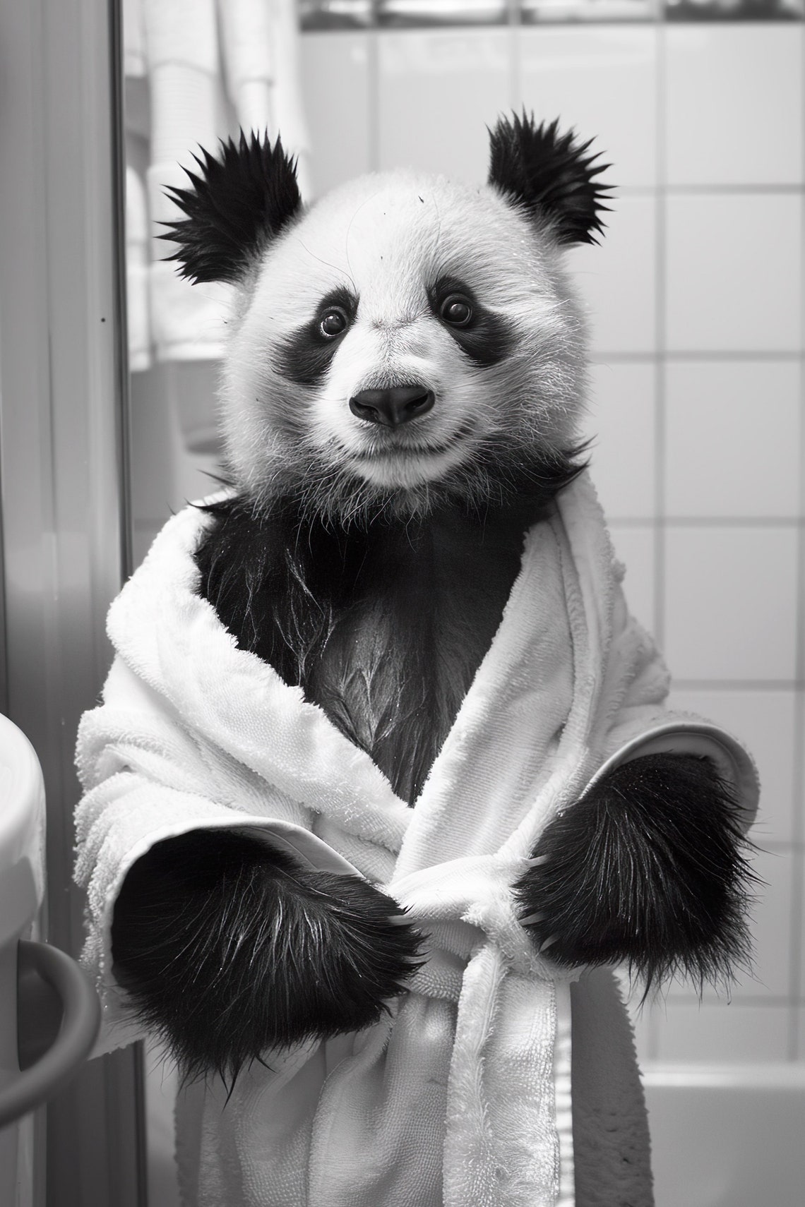 Baby Panda in Bathrobe Black and White Funny Bathroom Poster