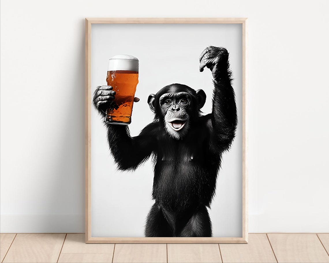 Monkey Cheering With Beer Glass Funny Animal Bar Decor Party Poster