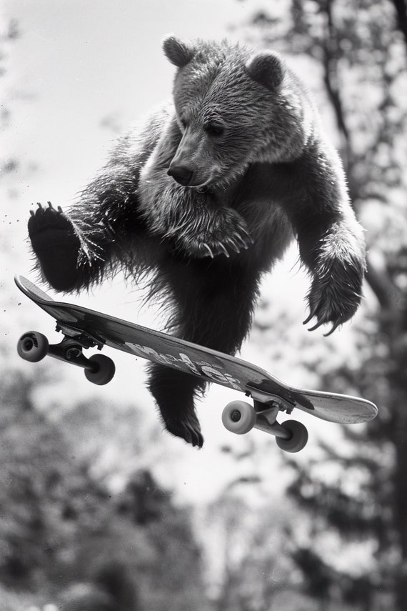 Bear Skateboarding Funny Animal Wall Art Bear On Skateboard Print Funny Vintage Bear Photo Black White Photography Ai Art