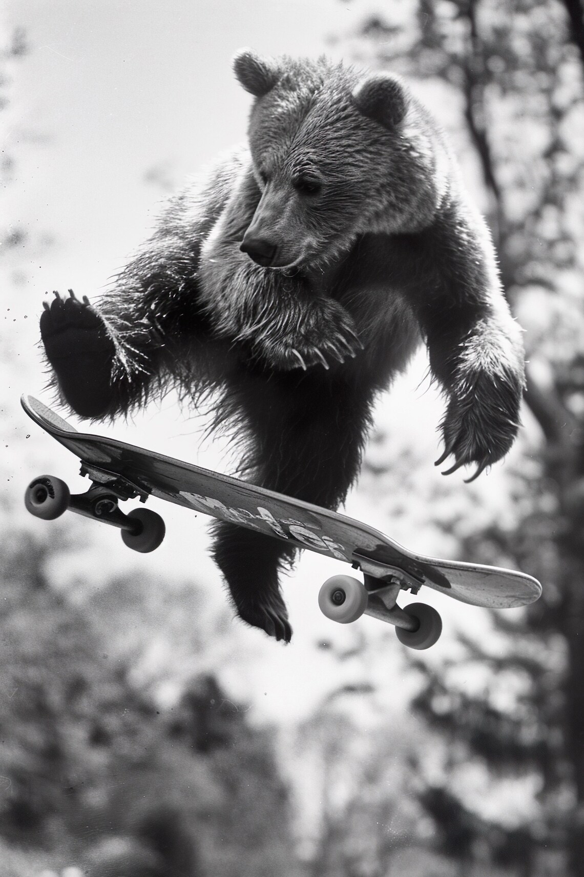 Bear Cub Skateboarding Trick Black and White Funny Animal Poster