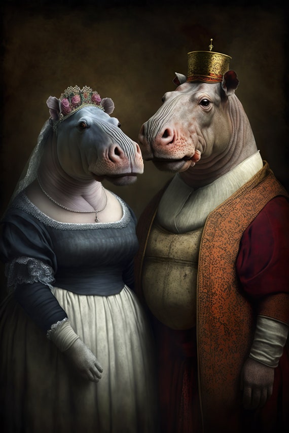 Aristocratic Hippo Couple Funny Animal Art Renaissance Painting Mr And Mrs Hippo His And Hers Bedroom Decor Ai Created