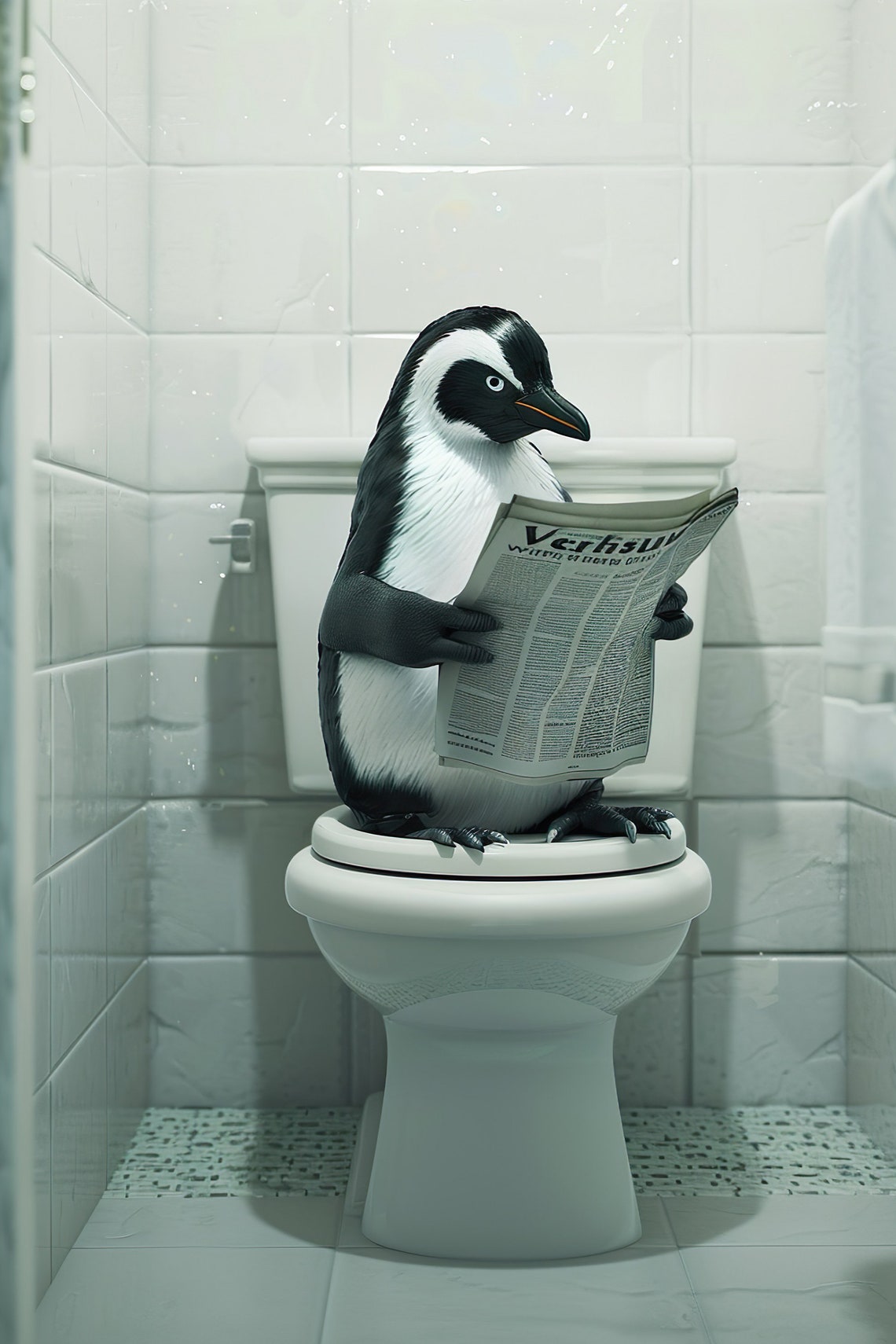 Penguin Perched On The Toilet Reading Newspaper Funny Bathroom Poster