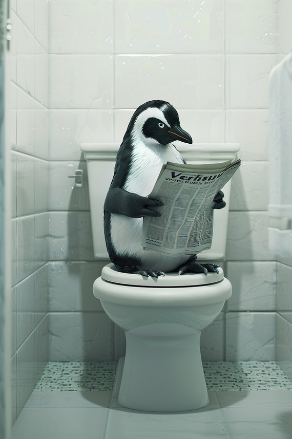Penguin Sitting On The Toilet Reading A Newspaper Funny Bathroom Humor Wall Decor Funny Animal Print Home Ai Prints