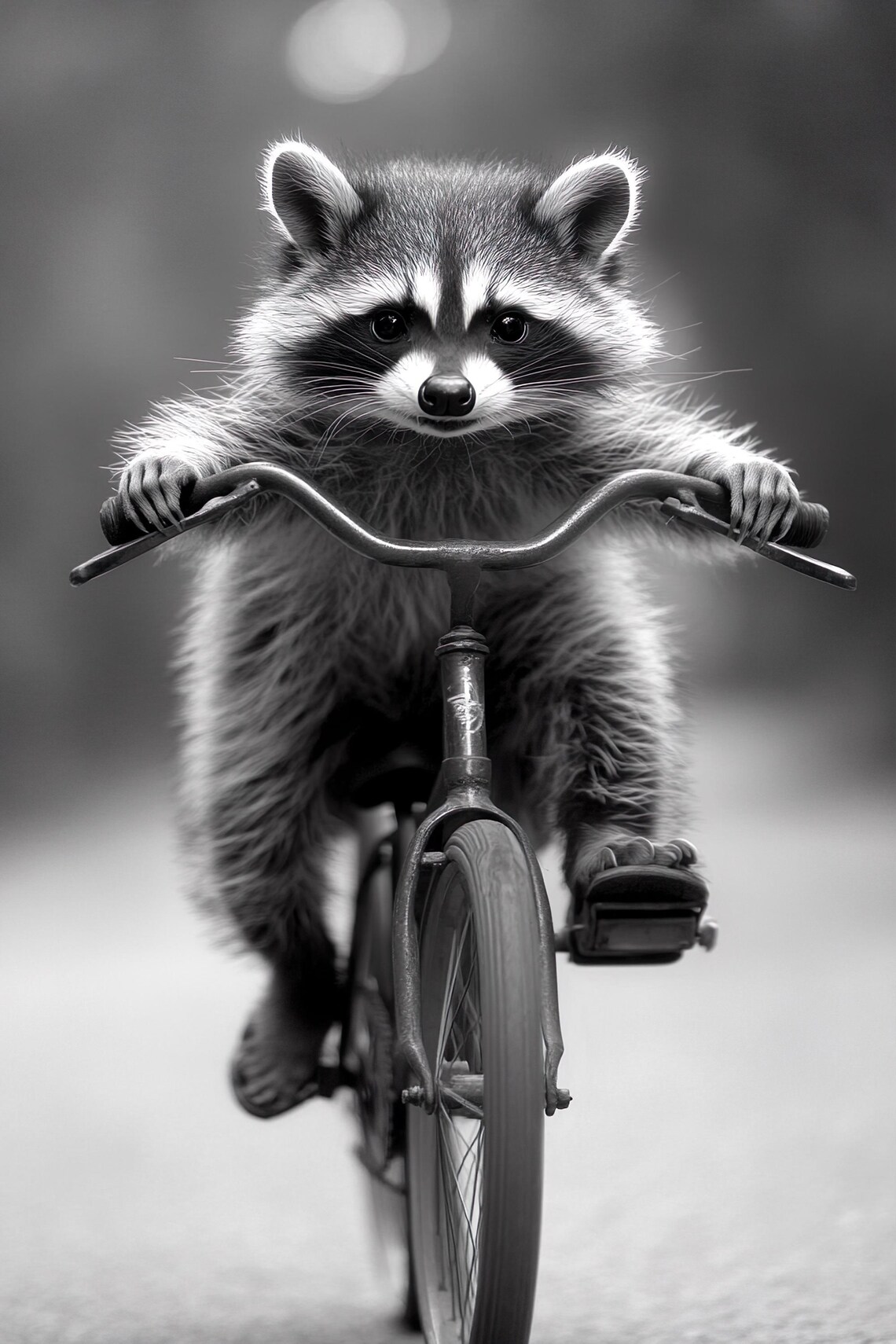 Baby Raccoon Riding Bicycle Cute Black And White Animal Poster