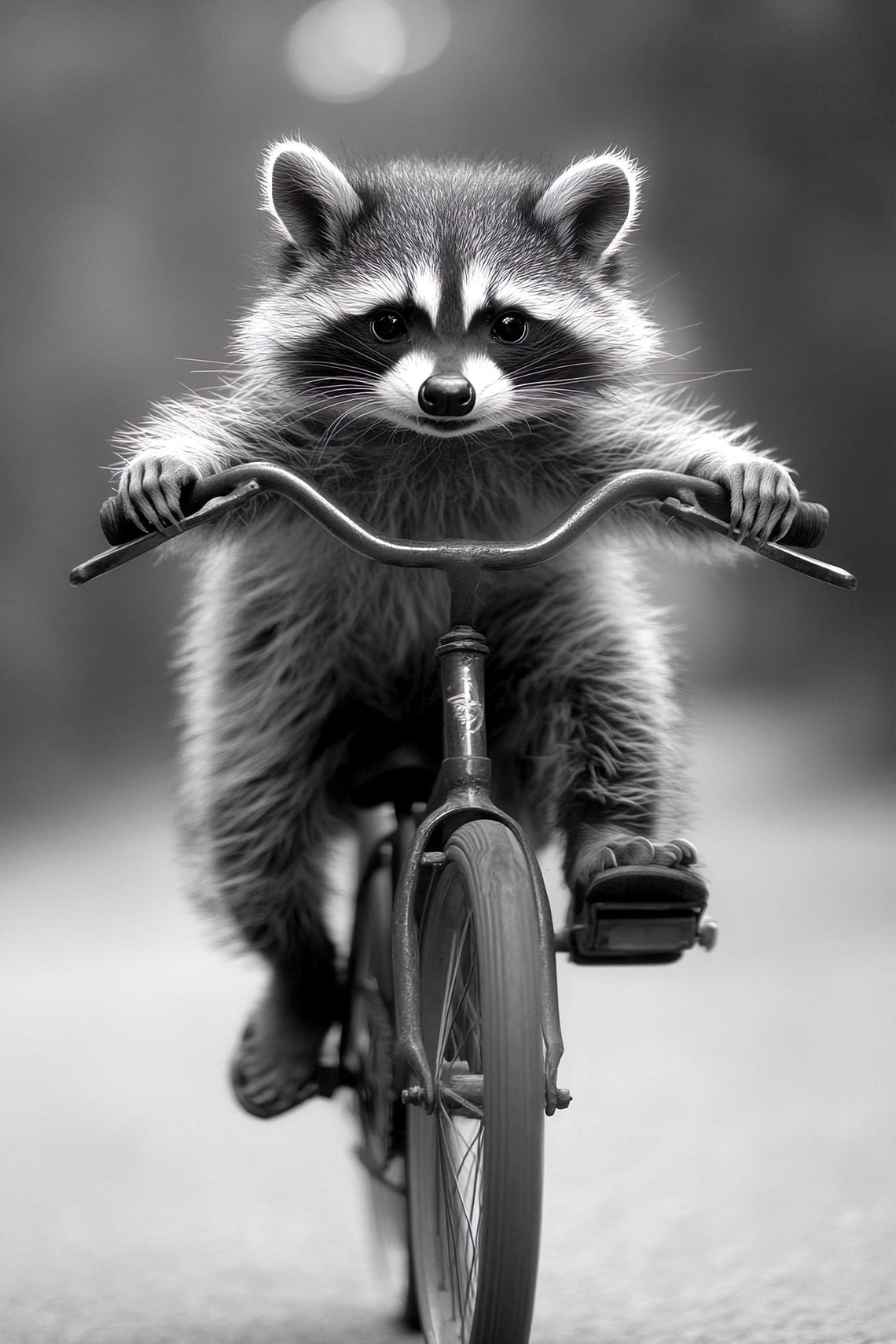 Raccoon Riding A Bike Funny Animal Wall Art Raccoon With Bicycle Funny Vintage Style Animal Photo Cute Retro Print Ai Art