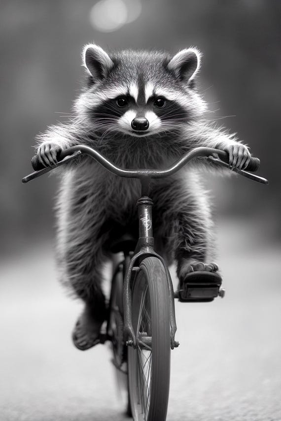 Raccoon Riding A Bike Funny Animal Wall Art Raccoon With Bicycle Funny Vintage Style Animal Photo Cute Retro Print Ai Art