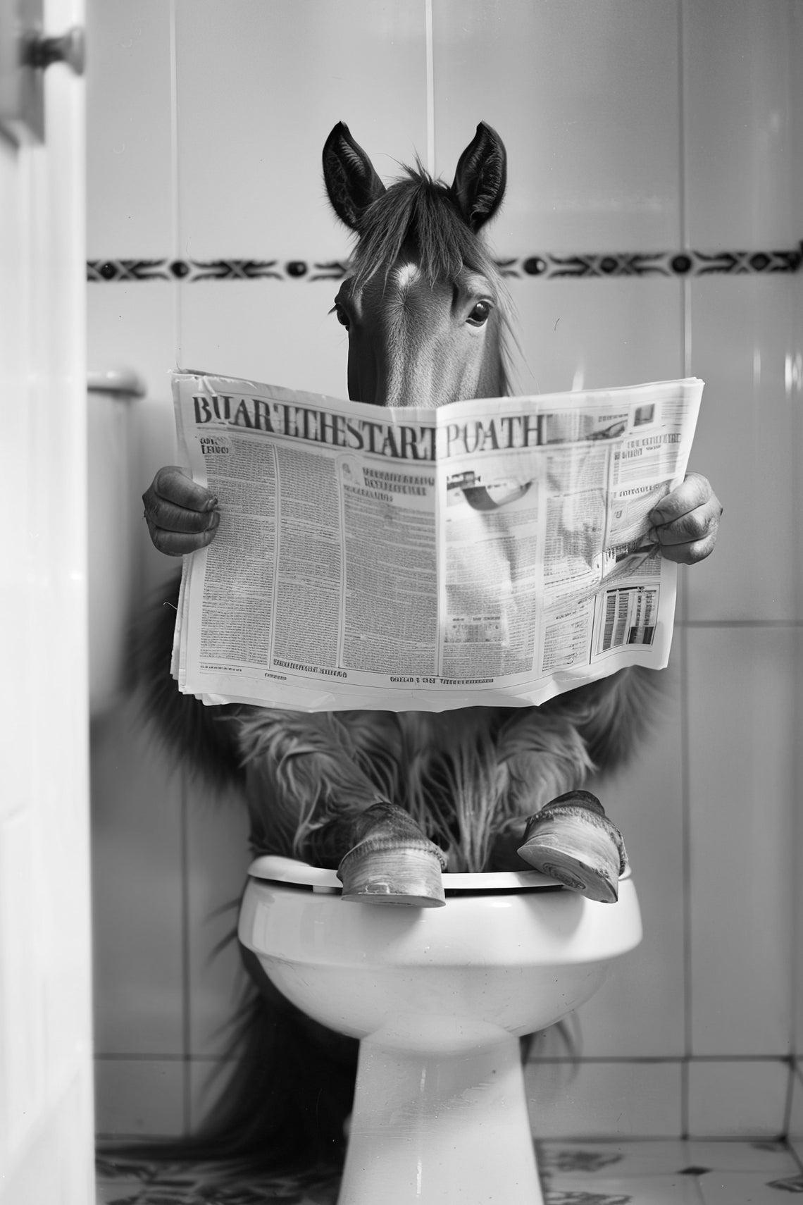 Horse Sitting On The Toilet Reading A Newspaper Funny Bathroom Wall Art Funny Vintage Style Animal Photo Animal Print Ai Art
