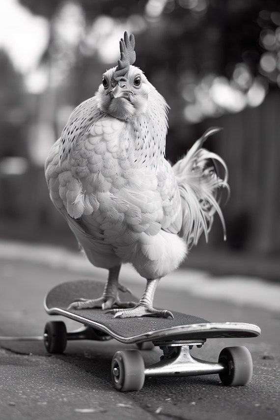 Chicken Skateboarding Funny Animal Wall Art Chicken On Skateboard Vintage Chicken Photo Black White Photography Ai Art