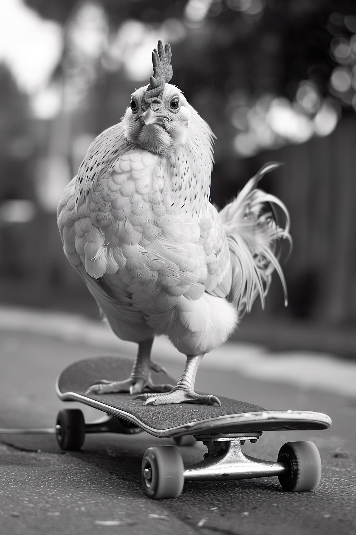 Funny Confident Chicken On Skateboard Black And White Photo Print