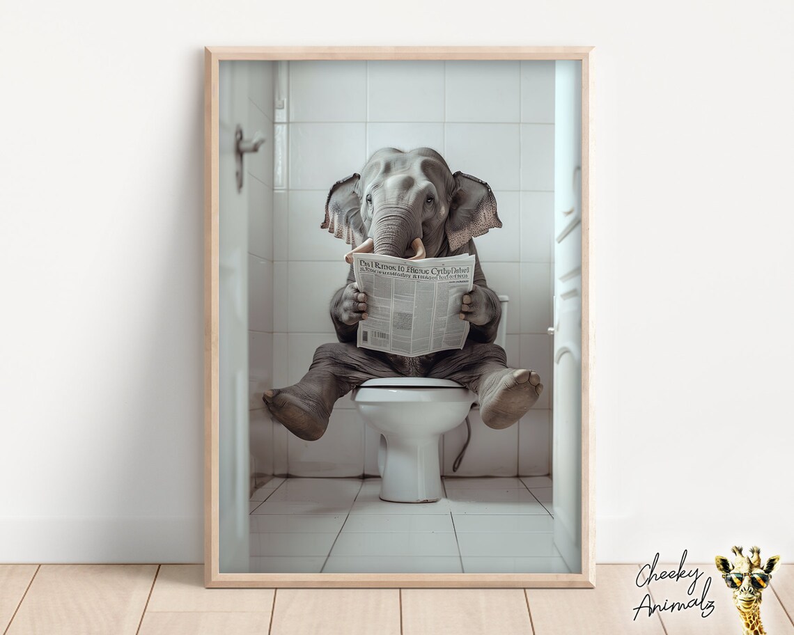 Elephant on the Toilet Reading a Newspaper, Humour Art Print