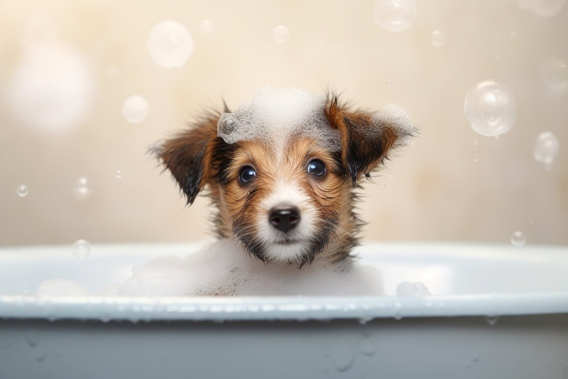 Terrier Pup In The Bathtub Funny Bathroom Wall Art