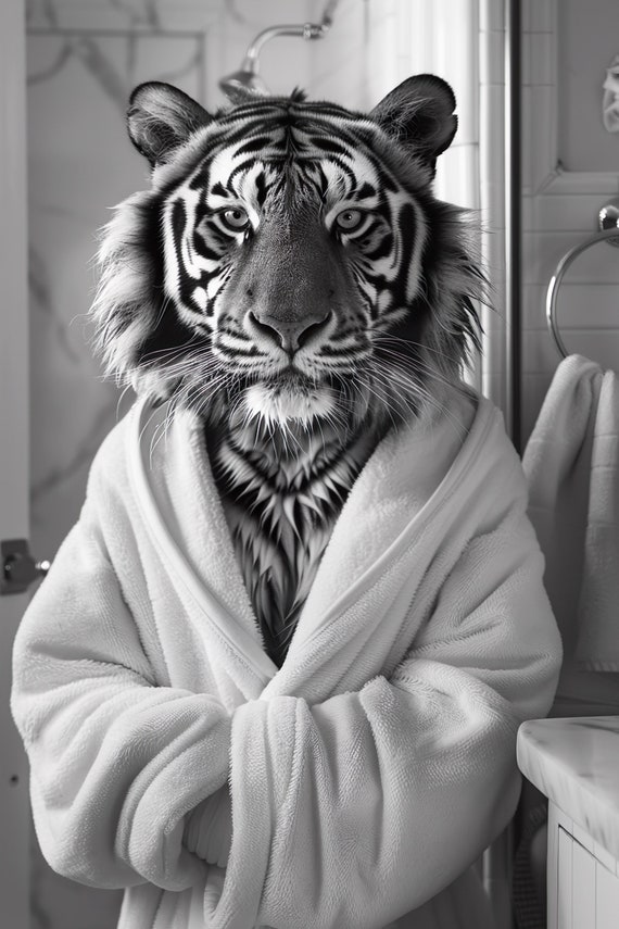 Tiger In A Bathrobe Funny Bathroom Wall Art Quirky Animal Art Funny Tiger In Bath Humor Print Home Ai Wall Art Prints