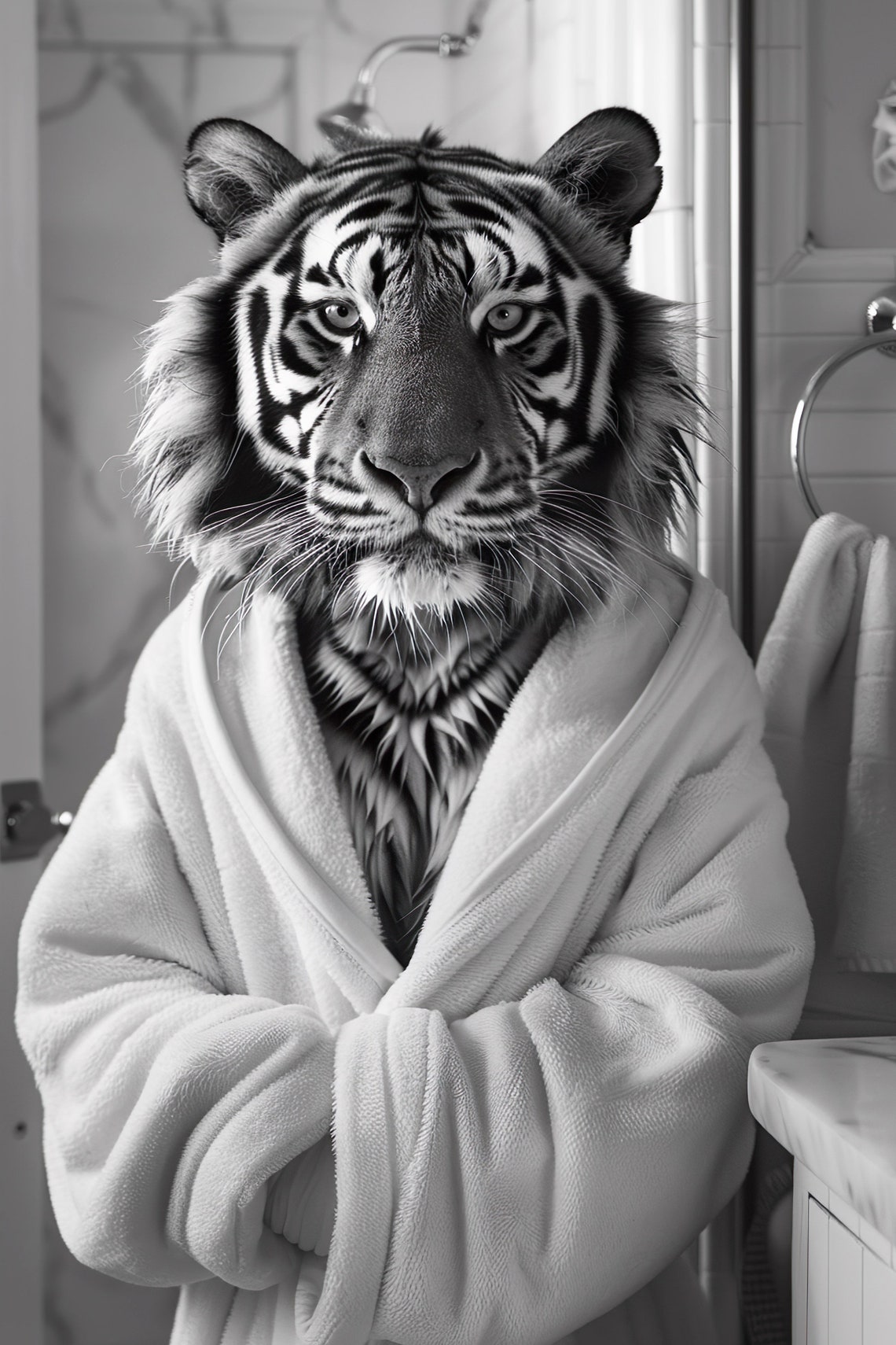 Majestic Tiger in Bathrobe Black and White Funny Bathroom Poster