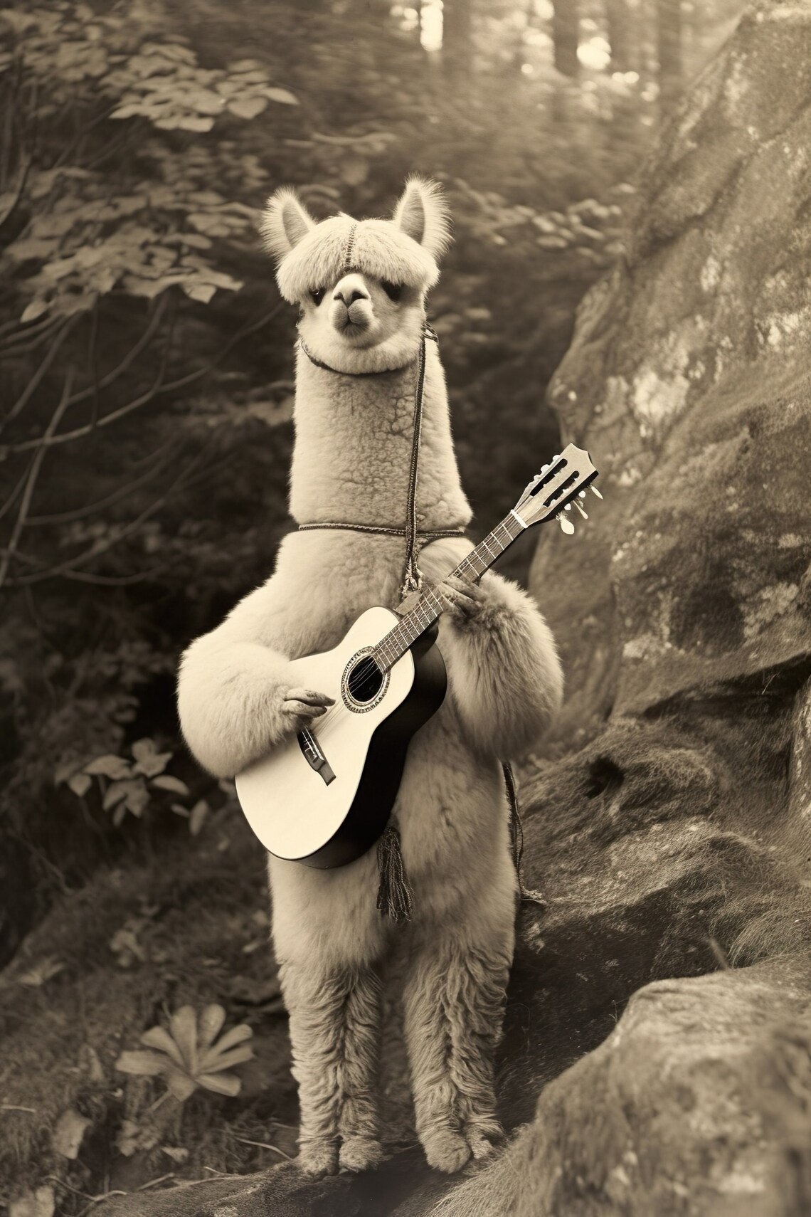 White Alpaca Playing Guitar Vintage Sepia Woodland Animal Poster
