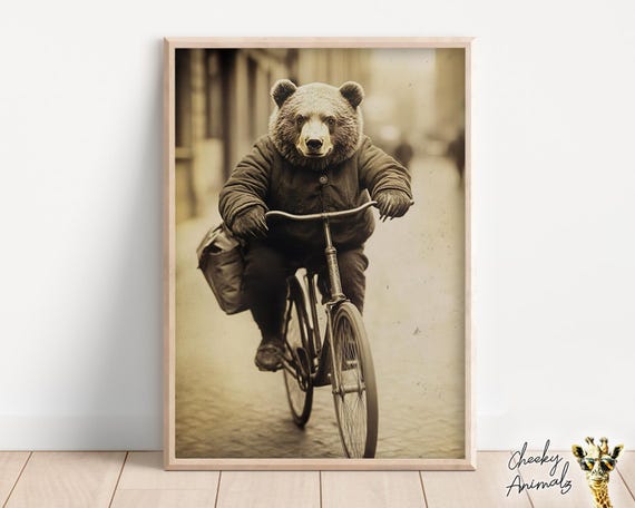 Bear Riding A Bike Funny Animal Wall Art Bear With Bicycle Funny Vintage Style Animal Photo Cute Retro Home Print Ai Art