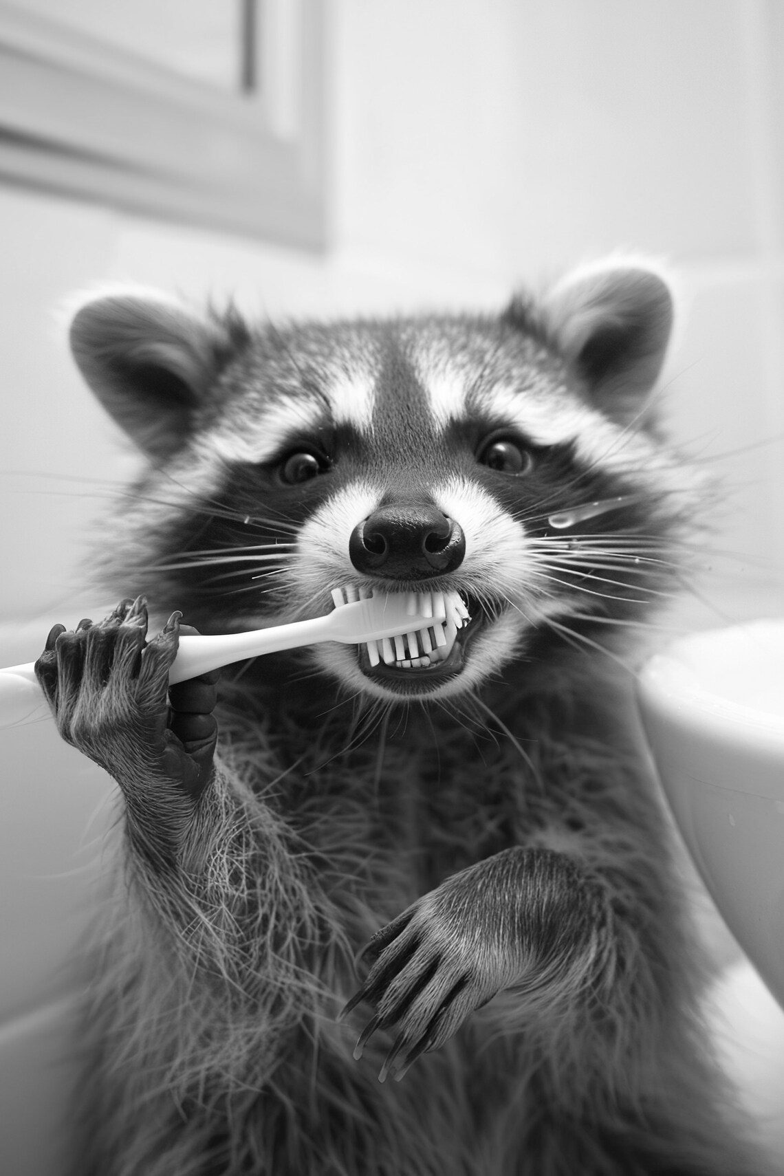 Funny Raccoon Brushing Teeth Vintage Style Art Print