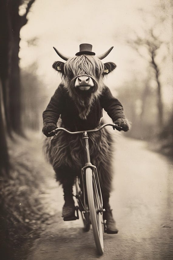 Highland Cow Riding A Bike Funny Animal Wall Art Cow With Bicycle Funny Vintage Style Animal Photo Cute Retro Print Ai Art