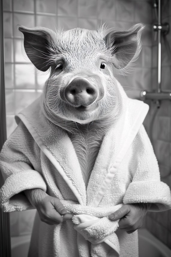 Pig In A Bathrobe Funny Bathroom Wall Art Quirky Animal Art Funny Pig In Bath Humor Print Home Ai Wall Art Prints