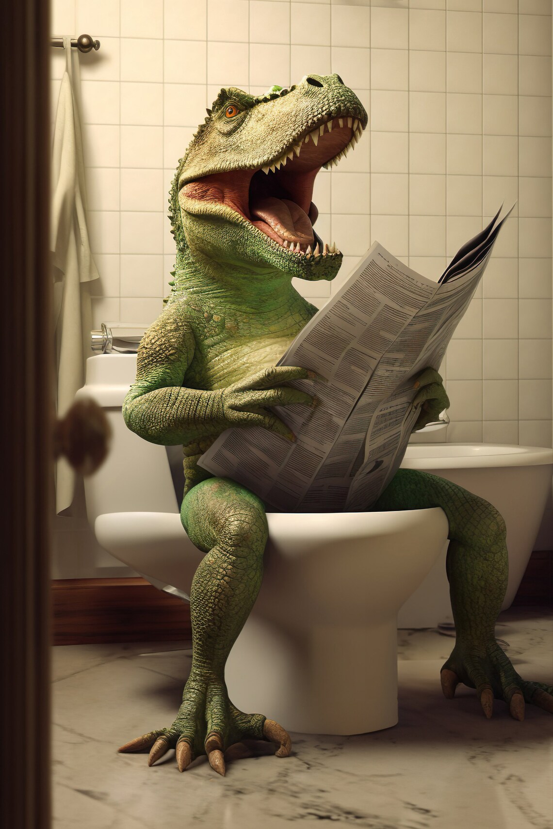 T Rex Sitting on the Toilet Reading Newspaper Print