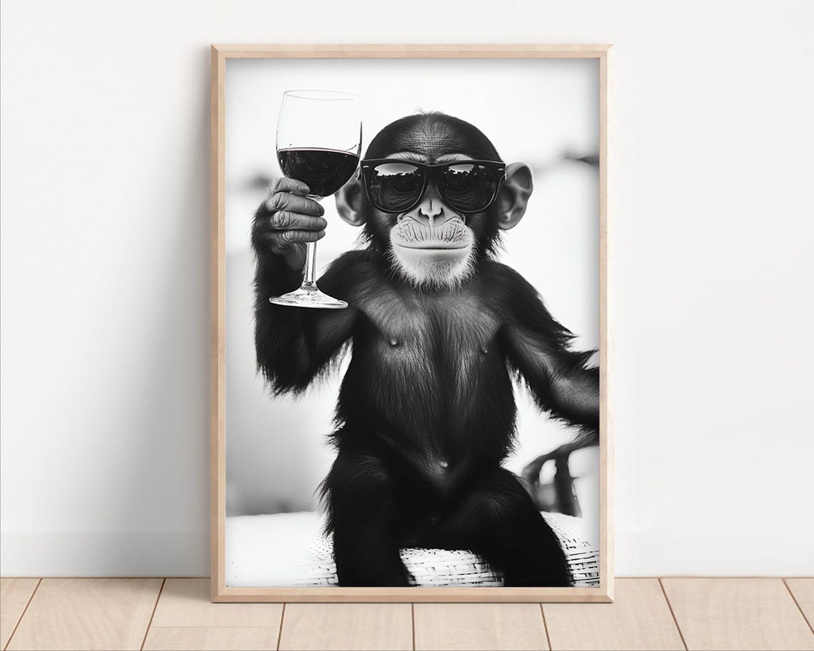 Monkey With Sunglasses Holding Red Wine Glass Funny Kitchen Poster